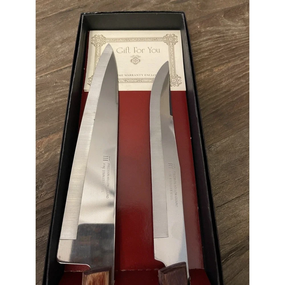 Vintage Stainless Steel Chef's Knife &‎ Carving Knife Set-Wood Handles-Box Set